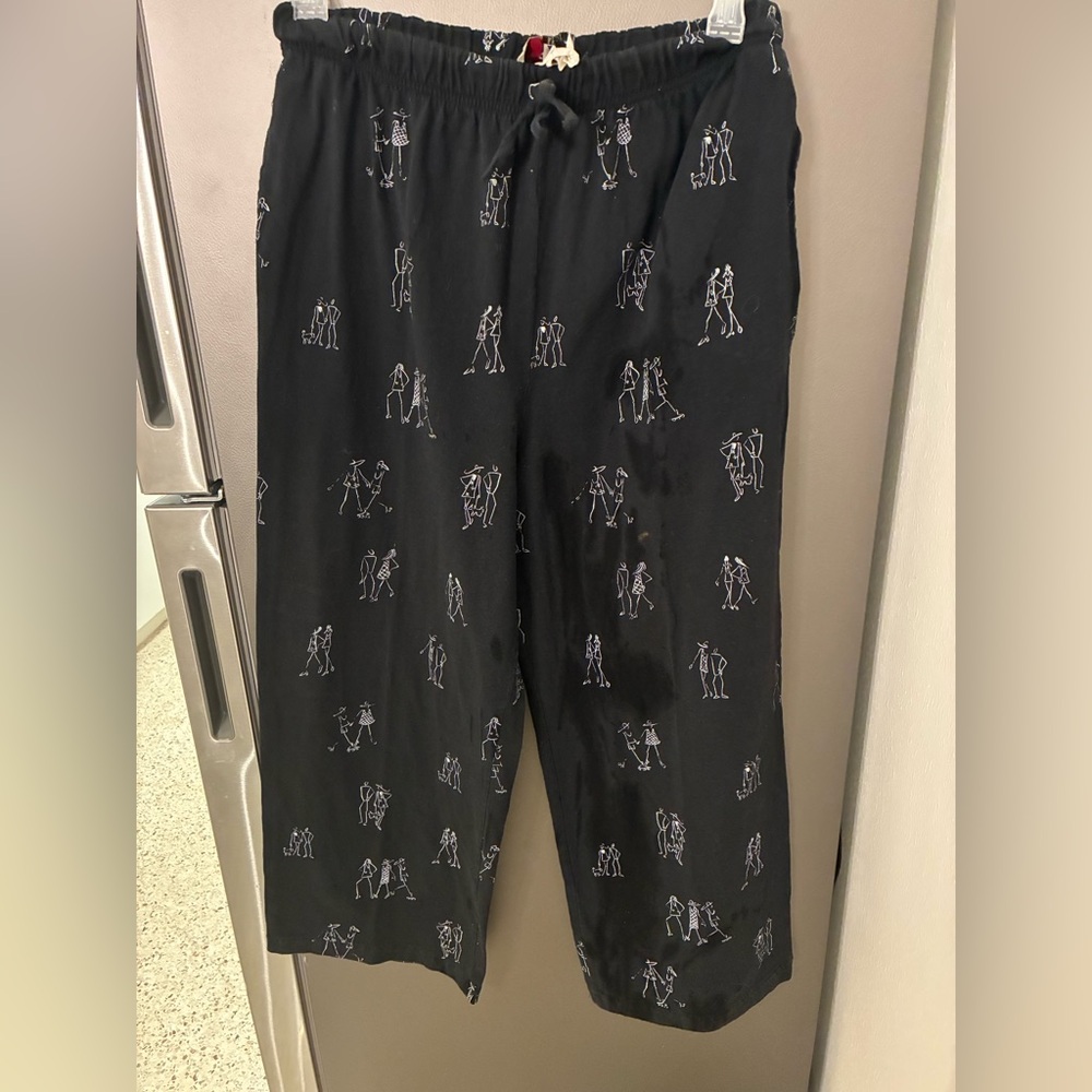 Black Drawstring Women Pants L Artsy Print Wide legs
